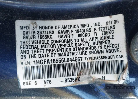 2006 Honda Civic Lx из США, поврежденный, VIN 1HGFA16556L044567